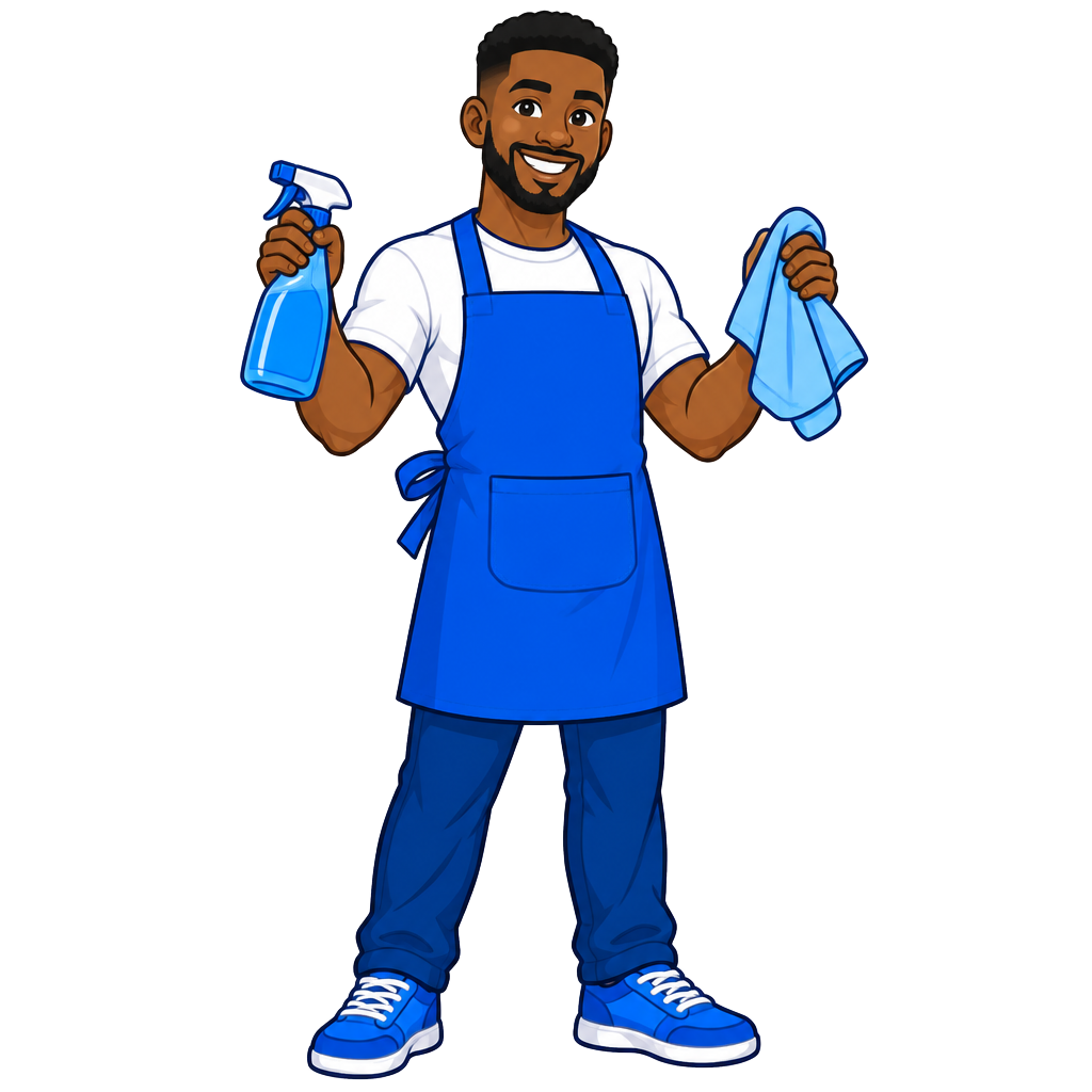 A friendly Spit N Shine cleaning professional with a spray bottle and cloth